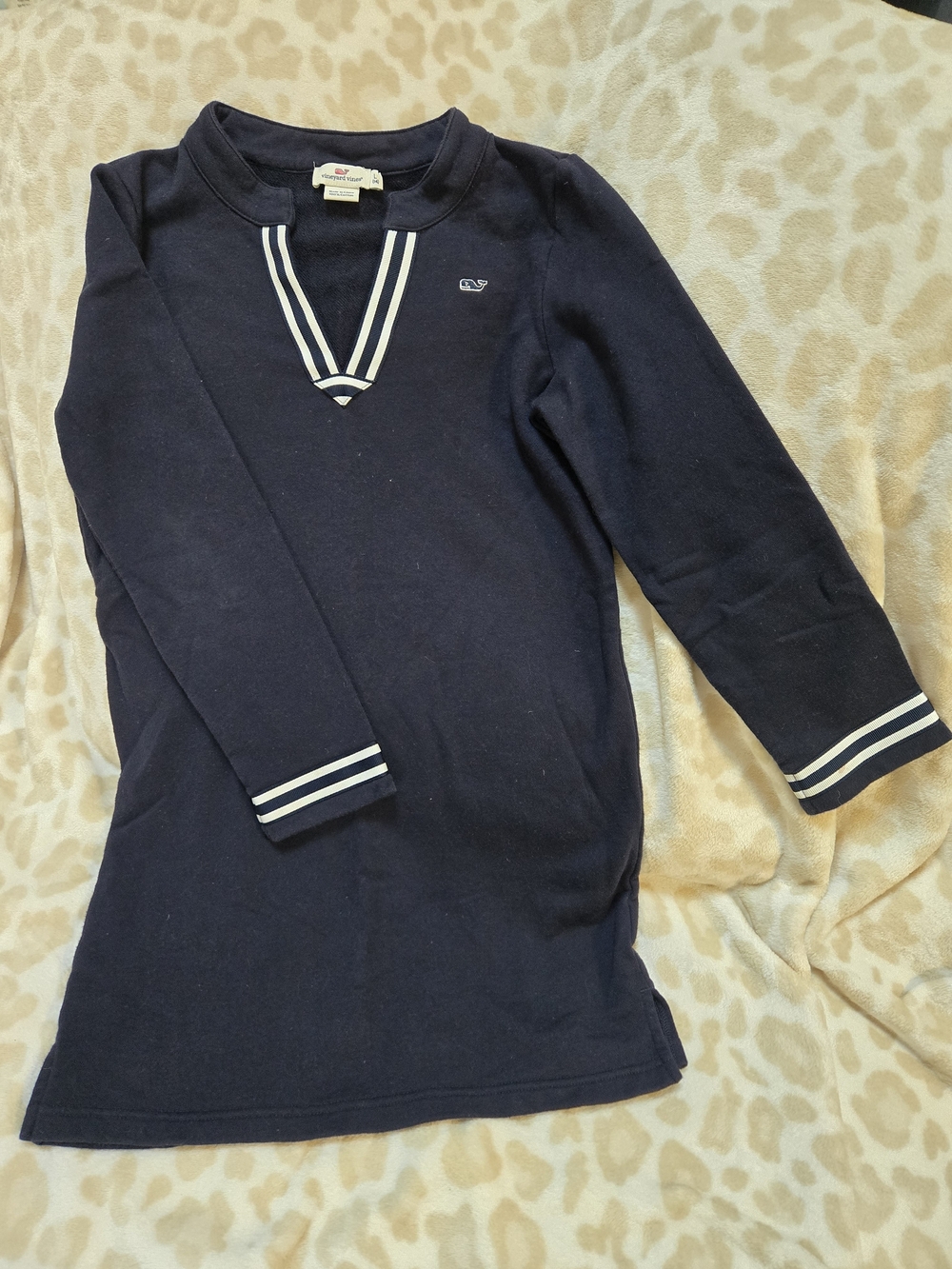 Vineyard Vines Navy Long-Sleeve Girls Sailor Dress with White Stripe Trim